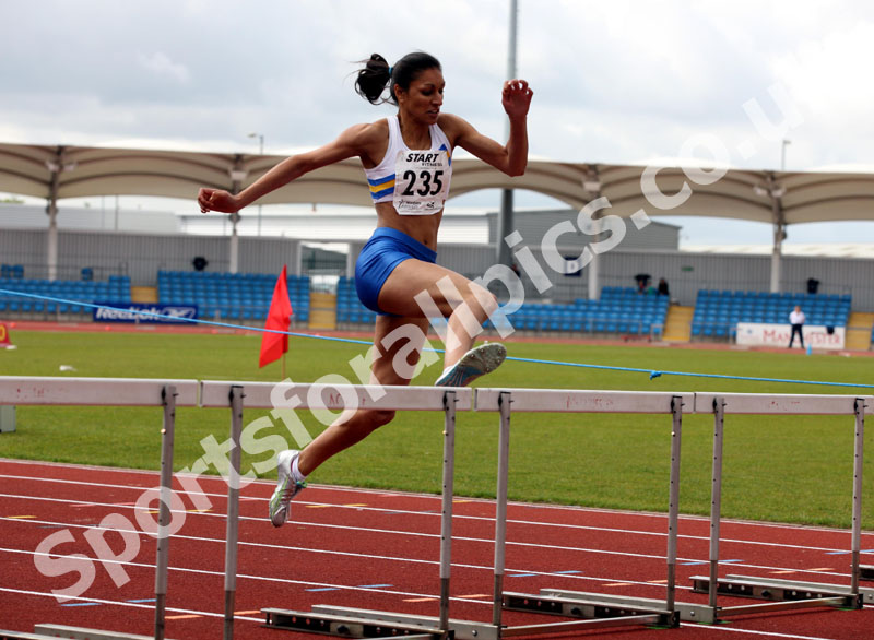 Nisha Desai (Trafford AC) winner of the senior womens 400 metres hurdles, Northern Championships, Sport City, Manchester